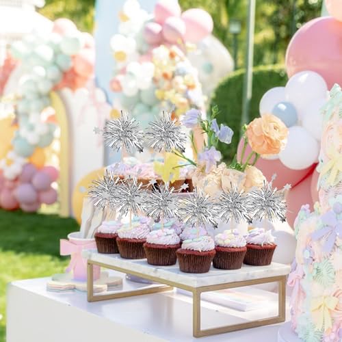 30 PCS Foil Firework Cupcake Toppers Star Cupcake Picks Sparkle Tinsel Flower Drink Stirrers Cocktail Food Fruit Toothpicks for Valentine's Day Birthday Party Cake Decorations Supplies Silver (30 Count)