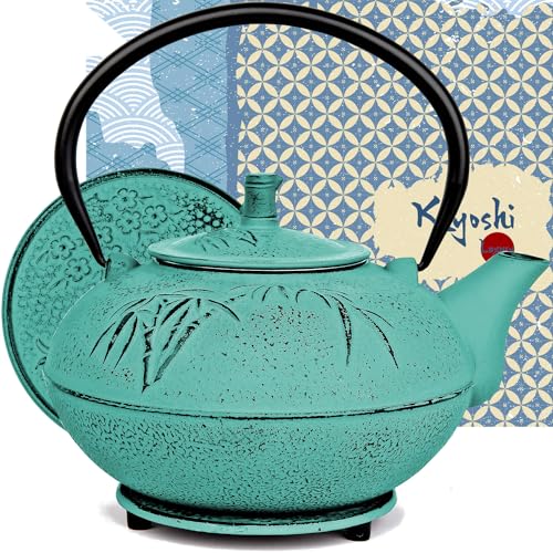 85 Oz XXL Green Bamboo Cast Iron Teapot