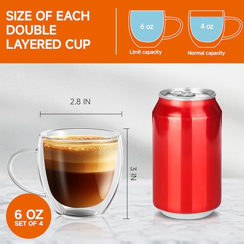6 Ounces Set of 4 Double Walled Glass Coffee Mugs with Handle Insulated Layer Coffee Cups Borosilicate Glass Espresso Double Insulated Clear Glass Coffee Mug for Hot Beverages (4 Count)