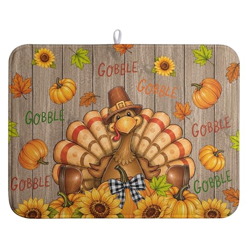 Happy Thanksgiving Turkey Dish Drying Mats Fall Pumpkin Dish Mat Drying Matt Autumn Dishes Dryer Pad for Kitchen Counter Absorbent Microfiber Washable Foldable Reusable 18x24 in