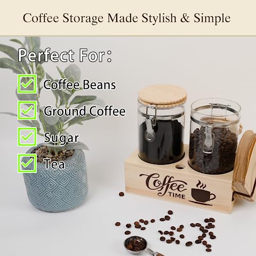 Glass Coffee Canister Set with Shelf & Spoon 2 Piece Coffee Containers for Coffee Bean Storage Airtight Seal