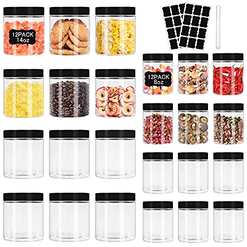 Plastic Jars with Lids 8 oz & 14 oz 24Pcs Clear Plastic Slime Storage Jars Containers with Airtight Leak Proof Black Screw On Lids Cylinder Clear Round Jar Food Grade Durable Jar (24 Count)