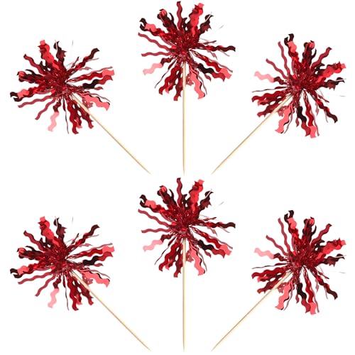30 PCS Foil Firework Cupcake Toppers Sparkle Tinsel Cupcake Picks Happy Birthday Cake Toppers Drink Stirrers Cocktail Food Fruit Toothpicks for Baby Shower Birthday Party Decorations Supplies Red (30 Count)