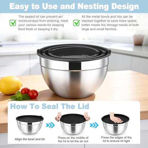 Mixing Bowls Stainless Steel Nesting Salad Bowls & Airtight Lids (3 Count)