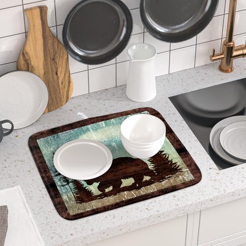 Retro Brown Bear Forest Cabin Dish Drying Mat Countertop 16x18 Fall Blue Sky Cloud Cartoon Wild Animal Bushes Drainer Mat Pine Tree Grass Dishes Pad Rustic Floral Dish Drainer Rack