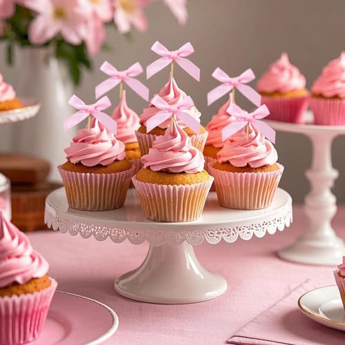 48Pcs Pink Bow Cupcake Toppers (48 Count)