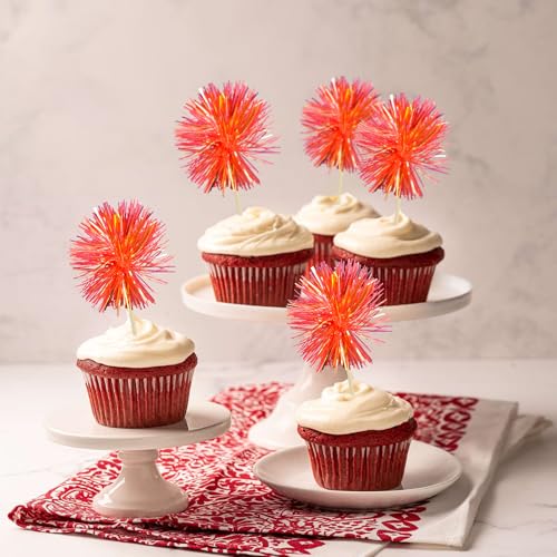 30Pcs Foil Firework Cupcake Toppers Sparkle Tinsel Cake Toppers Tinsel Drink Cake Decoration Cocktail Picks for Birthday Wedding Graduation Party Supplies Dark Orange (30 Count)
