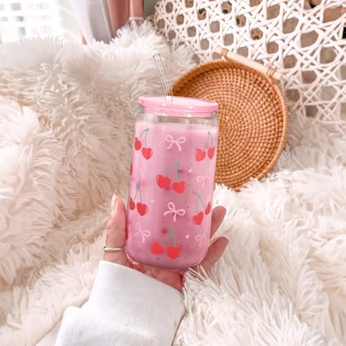 Cherry 16 Oz Can Glass Tumbler with Acrylic Lid and Straw