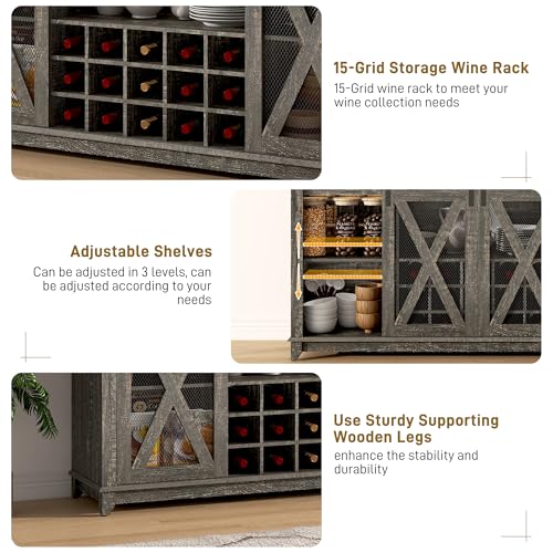 63"Wide 58"H Farmhouse Coffee Bar Cabinet with Power Outlet and LED Light