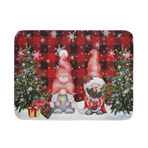 Winter Gnome Dish Drying Mat 18x24 inch Christmas Elf Trees Snowflakes Dish Drainer Mats Large Black Red Buffalo Plaids Fast Drying Dish Drying Pad for Kitchen Countertop Holiday Decor