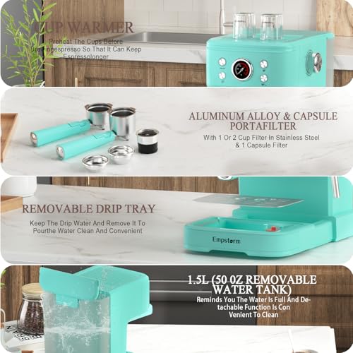 EM 04E 20Bar Espresso Machine with Milk Frother Steam 1100W TBlue