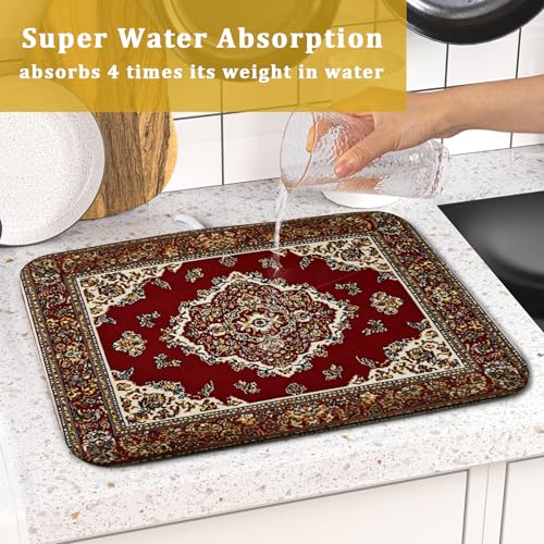 Vintage Boho Dish Drying Mat Antique Tribal Rustic Red Floral Dish Drainer Mats 16"x18" Ethnic Carpet Microfiber Reversible Dish Drying Rack Pad Protector for Kitchen Countertop Decor