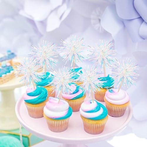 30 PCS Foil Firework Cupcake Toppers Happy Birthday Cupcake Toppers Sparkle Tinsel Flower Drink Stirrers Cocktail Fruit Toothpicks for Valentine's Day Baby Shower Party Cake Decor Supplies White (30 Count)