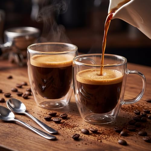 Espresso Cups Double Walled Espresso Shot Glass with Handle Cups Insulated Clear Small Shot Glasses for Cappuccino Latte Hot Beverage (12 Count)