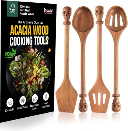 Acacia Wood Cooking Utensil Set with Skull Handles (4 Count)