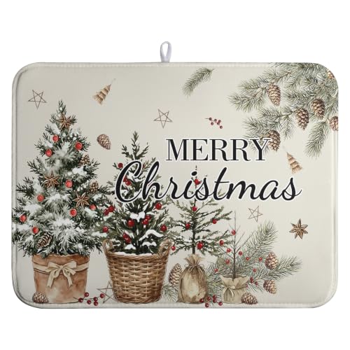 Merry Christmas Dish Drying Mats Winter Xmas Tree Dish Mat Snowflake Drying Matt Dishes Dryer Pad for Kitchen Counter Absorbent Microfiber Washable Foldable Reusable 18x24 in