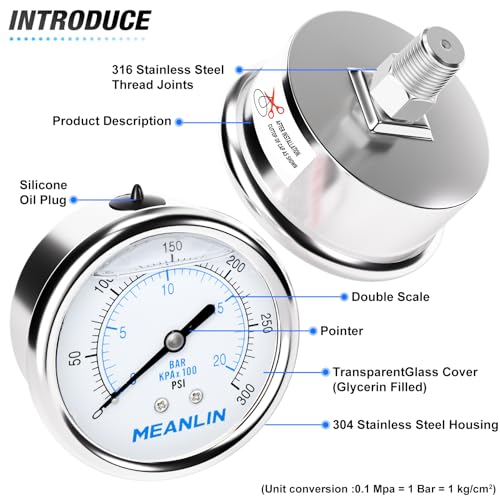 0~300Psi Liquid Filled Pressure Gauge Stainless Steel with 316 Stainless Steel Joint 1