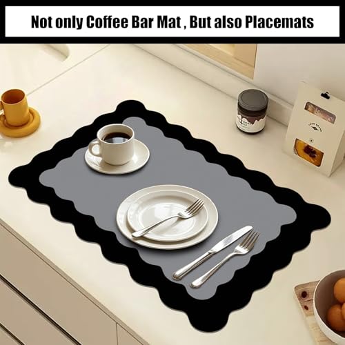 Black Scalloped Coffee Mat for Countertop Coffee Bar Mat Matt