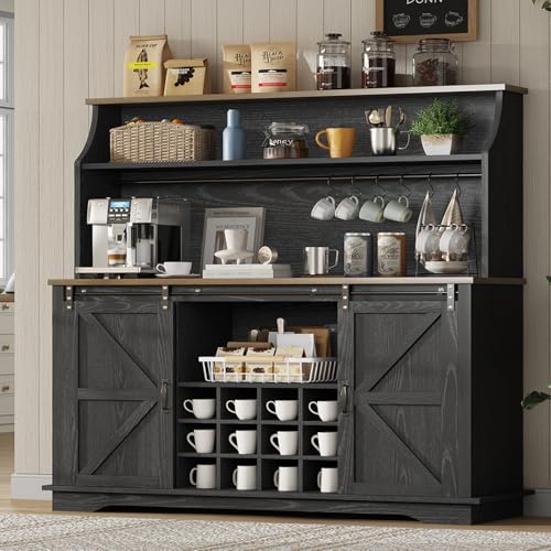 55" Farmhouse Coffee Bar Cabinet with 3 Tier Storage Hutch