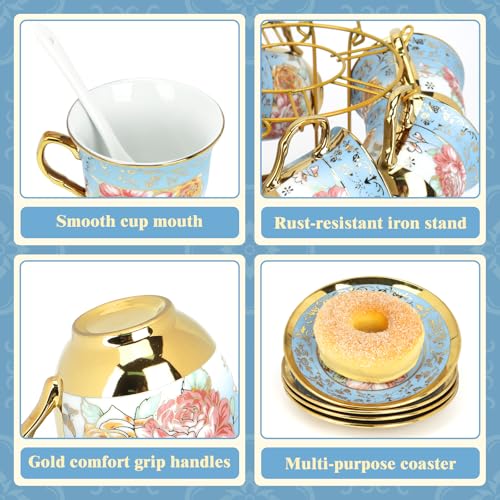 20 Pcs Porcelain Tea Set with Metal Holder (20 Count)
