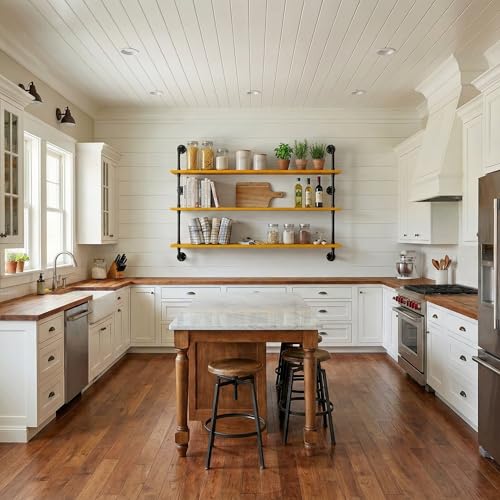 Industrial Pipe Shelving Shelf Rustic Wood Wall Shelves Industrial Floating Shelves for Wall 48 Inch Farmhouse Bookshelf Pipe Shelves Living Room Kitchen