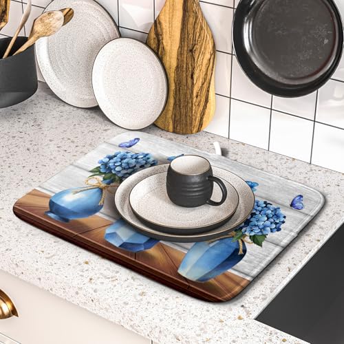 Blue Hydrangea Dish Drying Mat for Kitchen Vintage Wood Board Floral Butterfly Dish Drainer Mats 16x18inch Rustic Flowers Dish Drying Rack Pad Protector for Countertop Dining Decor