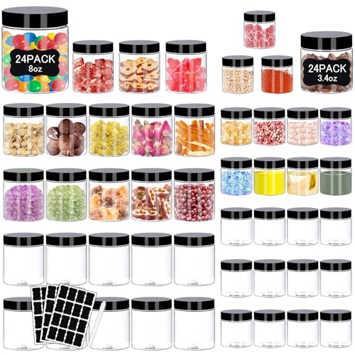 Plastic Jars with Lids 48 Pcs 8 oz & 3.4 oz Clear Plastic Slime Storage Jars Containers with Airtight Black Screw On Lids Cylinder Clear Round Jar Easy Clean Food Grade Durable Jar (48 Count)