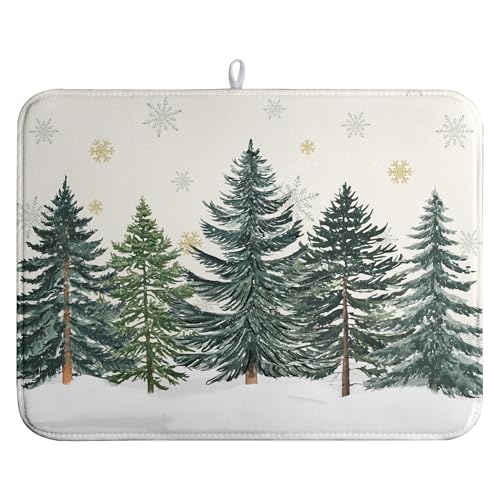 Winter Forest Dish Drying Mat Winter Snowflake Large Kitchen Mats Dish Drying Pad Christmas Tree Absorbent Dish Dryer Mat for Kitchen Countertops Microfiber Drainer Pad Dish Drying Mats