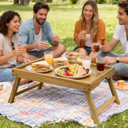 Acacia Bed Tray Table with Folding Legs