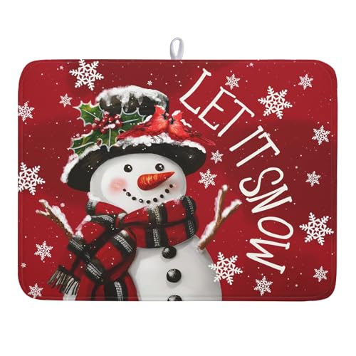 Winter Snowman Dish Drying Mat for Kitchen Counter 18x24 Inch Christmas Dish Draining Mat Xmas Snowflakes Decorations Fast Absorbent Tableware Cardinal Birld Dishes Pad for Coffee Bar Countertop