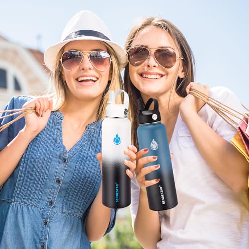 Stainless Steel Wide Mouth Water Bottle 32oz Double Wall Vacuum Insulated Leak Proof Bottle with New Flex Straw Lid & Spout Lid