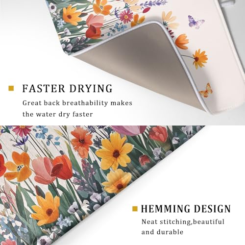 Spring Summer Flowers Dish Drying Mat for Kitchen Counter 18"x24" Colorful Floral Drying Mat Soft Absorbent Microfiber Farmhouse Fluttering Butterfly Dish Drainer Rack Mats for Counter tops