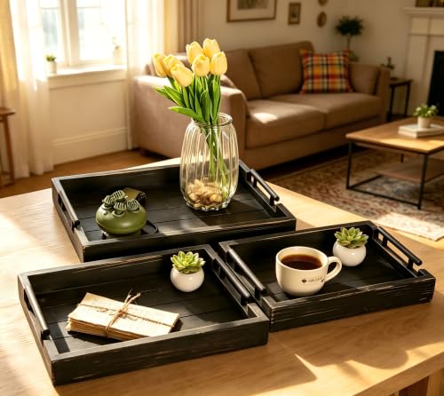 3Pc Rustic Black Vintage Nested Wood Serving Trays