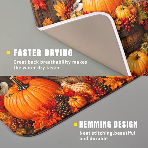Autumn Dish Drying Mat for Kitchen Countertop Fall Pumpkin Maple Leaf Birds Dish Drainer Mats 16x18inch Rustic Wood Board Grain Dish Drying Rack Pad Protector for Dining Seasonal Decor