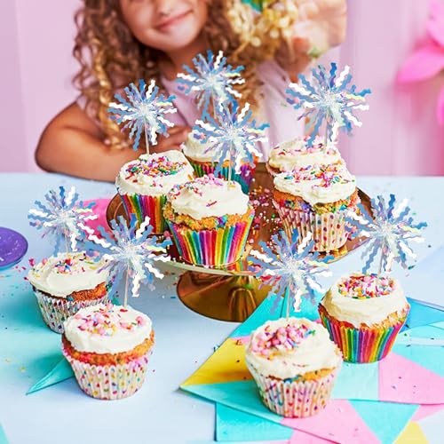30Pcs Foil Firework Cupcake Toppers Happy Birthday Cake Toppers Tinsel Flower Drink Stirrers Cocktail Food Fruit Toothpicks for Valentine's Day Party Birthday Wedding Supplies Laser Silver (30 Count)