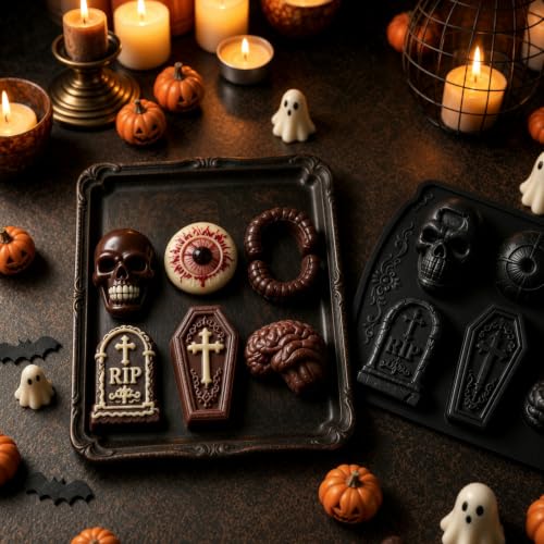 Skull Cake Pizza Pan 6 Spooky Shapes Halloween Silicone Baking Mold
