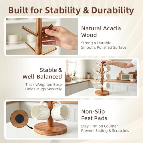 Large Acacia Wood Mug Holder Tree for Countertop