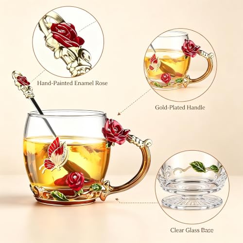 Tea Cup Gifts for Mom Women Mothers Day Glass Coffee Enamels Mug Birthday Butterfly Rose Valentines Day Christmas Tea Cup with Spoon