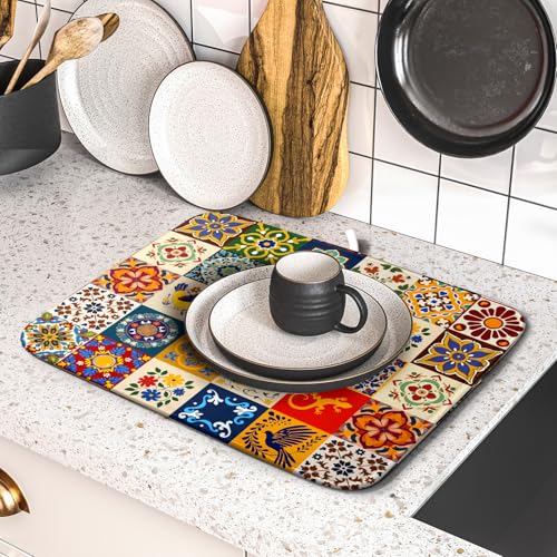 Mexican Tile Dish Drying Mat 16"x18" Talavera Boho Floral Print Dish Drainer Mats Rustic Ethnic Traditional Reversible Small Dish Drying Pad Protector for Kitchen Countertop Decor