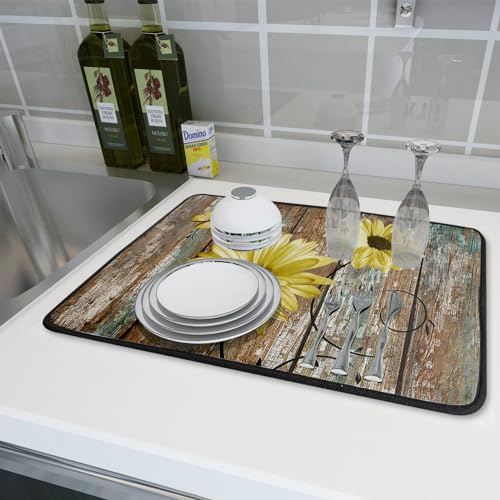Rustic Daisy Dish Drying Mat for Kitchen Countertop 18x24 inch Yellow Sunflowers on Wooden Board Dish Drainer Mats Fast Drying Country Vintage Shabby Chic Flower Dish Drying Pad Decor Large