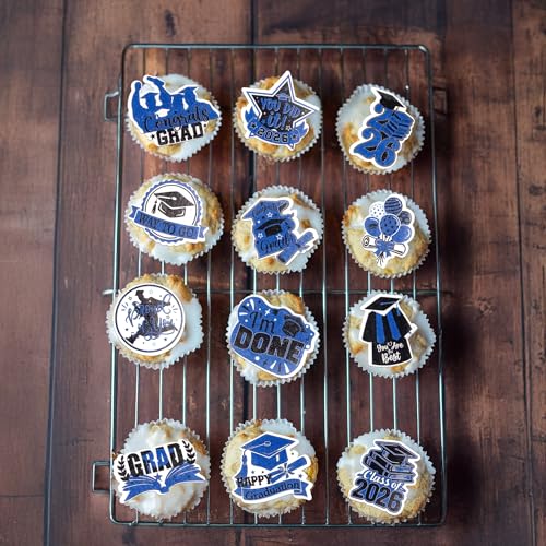48Pcs Edible Graduation Cap 2026 Cupcake Toppers Wafer Paper Grad Cap Diploma Cake Decoration Picks for 2026 Grad Theme Party Cake Decor Supplies Black Blue (48 Count)