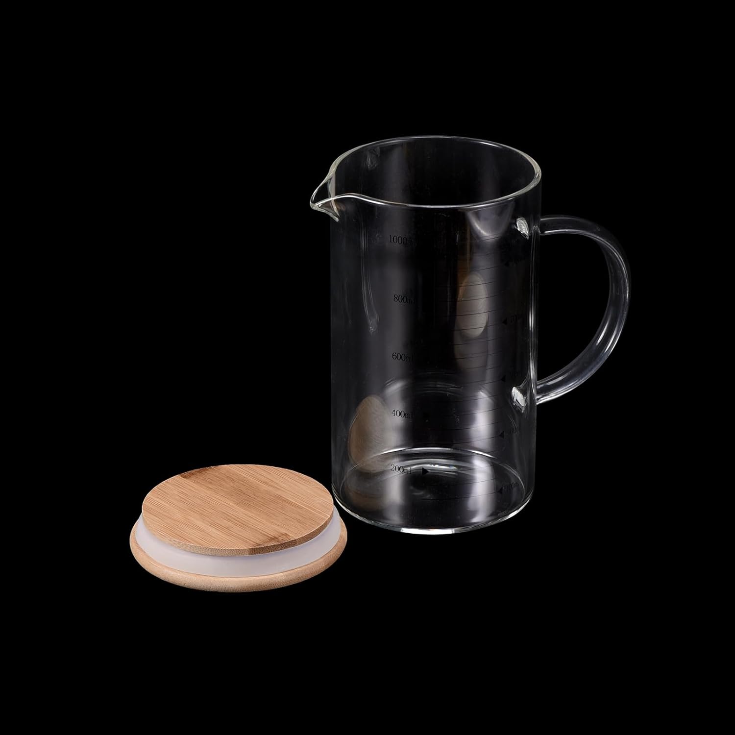 PATIKIL 1000ml Glass Measuring Cup, 3.3 Borosilicate Glass Graduated Black Printed Scale Liquid Measure Cups Beaker with Wood Lid and V-Shaped Spout for Kitchen