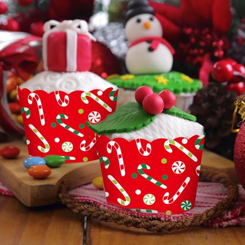100Pcs Christmas Paper Baking Cups Red Green Candy Cane Cupcake Wrappers Scalloped Edge Cupcake Muffin Cases for Xmas Winter Holiday Party Dessert Decoration (100 Count)