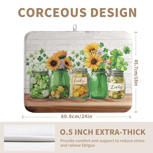 St Patricks Day Shamrock Dish Drying Mats St Patrick's Day Spring Dish Mat Sunflowers Drying Matt Dishes Dryer Pad for Kitchen Counter Absorbent Microfiber Washable Foldable Reusable 18x24 in