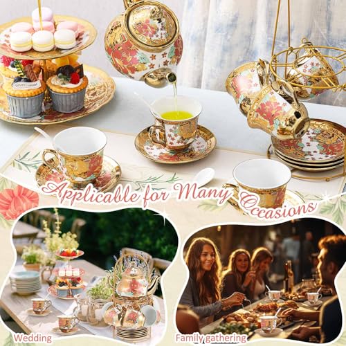 21 Pcs Porcelain Tea Set for Women Tea Party with Metal Holder and 3 Tier Cake Stand Ceramic European Floral Teapot Set for Adults Mother's Day Christmas Thoughtful Gift