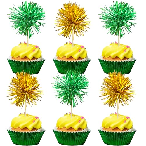 30Pcs Foil Firework Cupcake Toppers Sparkle Tinsel Cake Toppers Tinsel Drink Cake Decoration Cocktail Picks for Birthday Wedding Graduation Party Supplies Gold Green (30 Count)