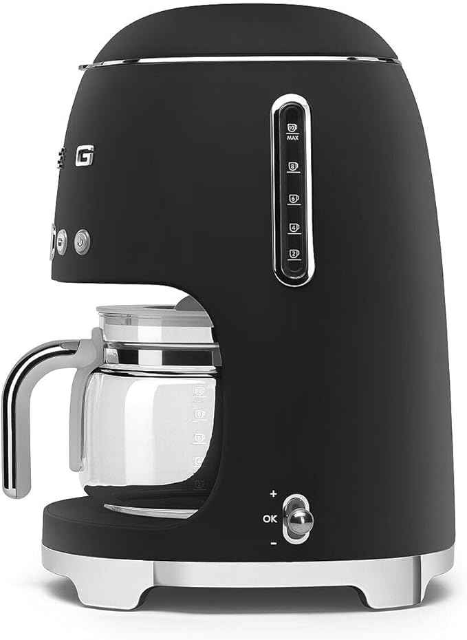 Smeg 50's Retro Style Aesthetic Drip Coffee Machine with 10 Cup Glass Carafe, Auto Start Feature, Keep Warm Plate, and Two Coffee Strength Settings (Matte Black)