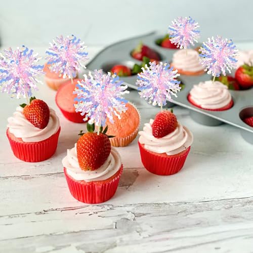 30Pcs Foil Firework Cupcake Toppers Firework Cake Toppers Tinsel Flower Drink Stirrers Cocktail Food Fruit Toothpicks for Valentine's Day Party Decorations Pink (30 Count)