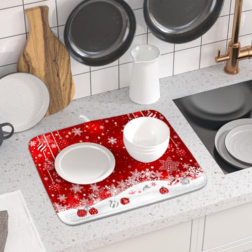 Xmas Balls Dish Drying Mat for Kitchen Countertop Winter Red White Snowflakes Dish Drainer Mats 16x18inch Reversible Dish Drying Rack Pad Protector for Dining Holiday New Year Decor