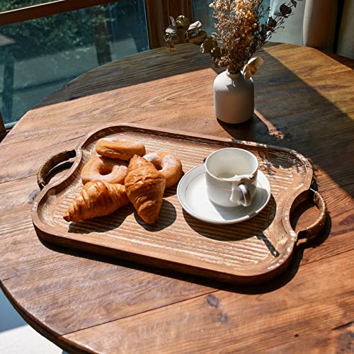 Rustic Wood Serving Tray with Metal Twine Handles Set of 2 Rectangular Decorative Trays Farmhouse Platter for Food (2 Count)
